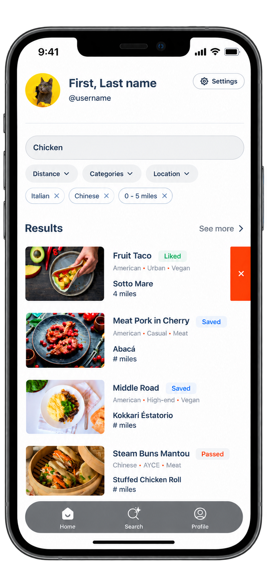 Saved favorite dishes preview screen